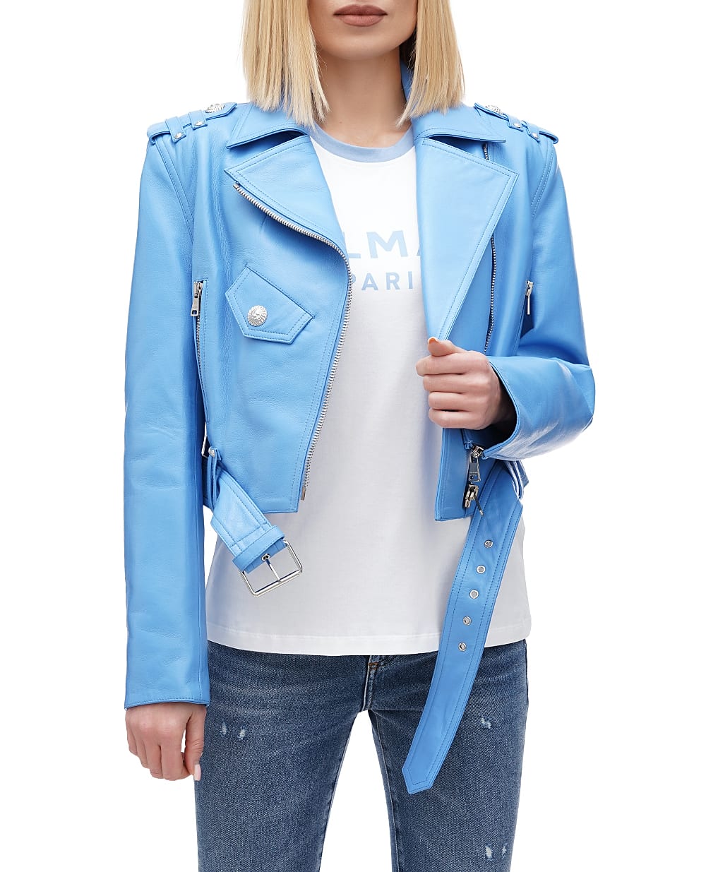 Кожаная косуха Balmain CF0TD205LC62, голубой цвет • Купить в интернет-магазине Kameron