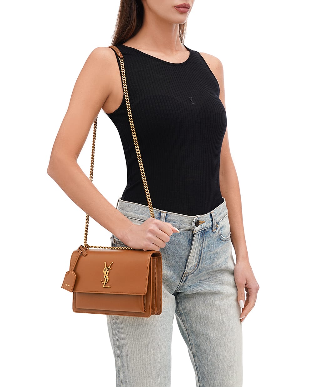Кожаная сумка Sunset Medium Saint Laurent 442906-D420W, коричневый цвет • Купить в интернет-магазине Kameron