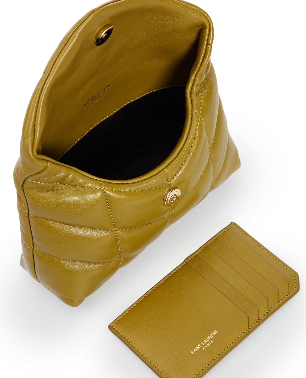 Кожаный клатч Puffer small Saint Laurent 650880-1EL07, оливковый цвет • Купить в интернет-магазине Kameron