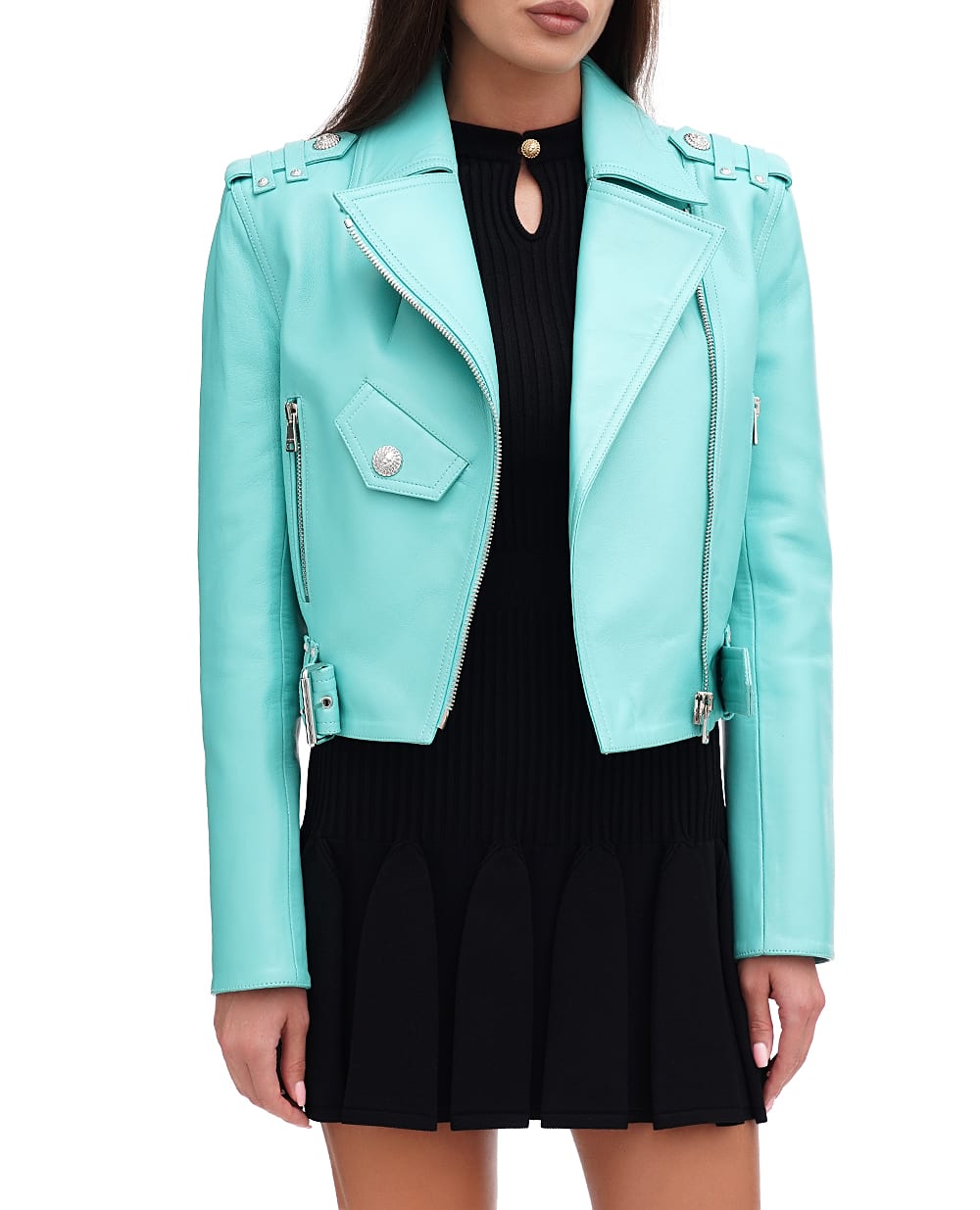 Кожаная косуха Balmain DF1TD204LC62, мятный цвет • Купить в интернет-магазине Kameron