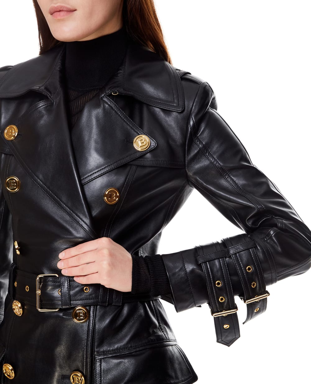 Кожаный тренч Balmain WF1TL010L158, черный цвет • Купить в интернет-магазине Kameron