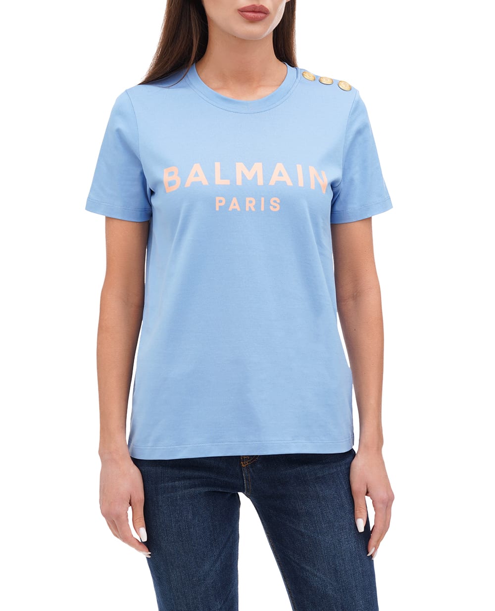 Футболка Balmain BF1EF005BB02, голубой цвет • Купить в интернет-магазине Kameron