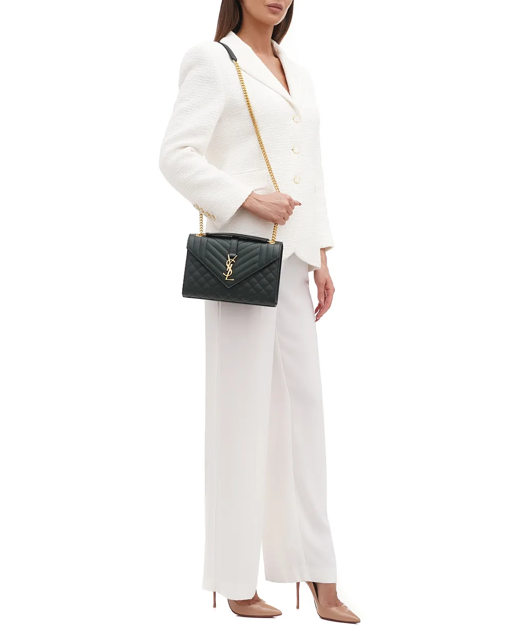 Кожаная сумка Envelope Medium Saint Laurent 600185-BOW91, темно-зеленый цвет • Купить в интернет-магазине Kameron