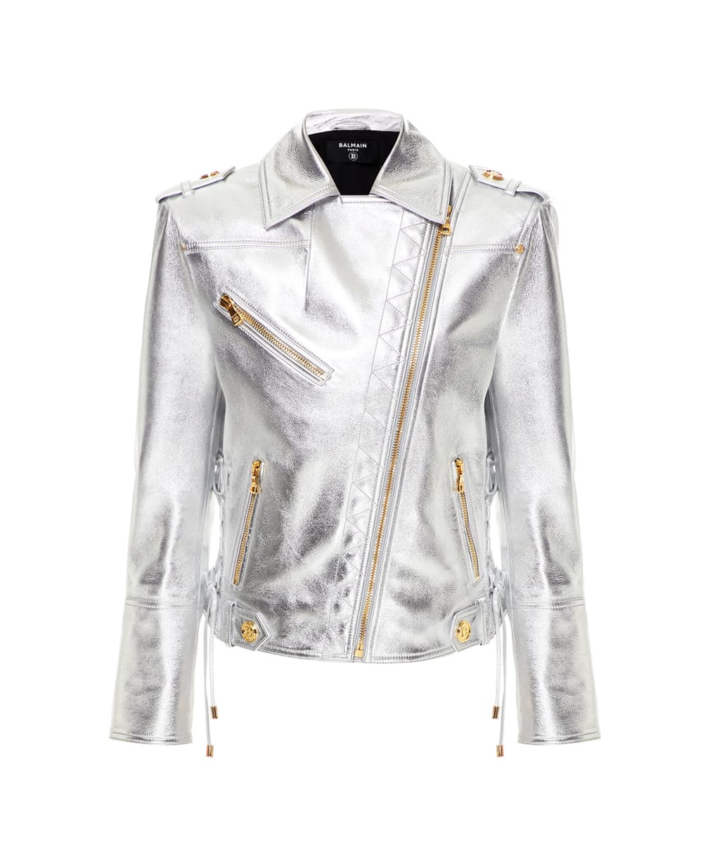 Кожаная косуха Balmain WF0TD036L181, серебряный цвет • Купить в интернет-магазине Kameron