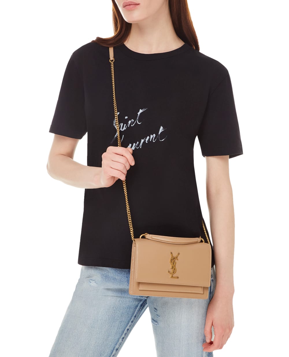 Кожаная сумка Sunset chain Saint Laurent 533026-D422W, бежевый цвет • Купить в интернет-магазине Kameron