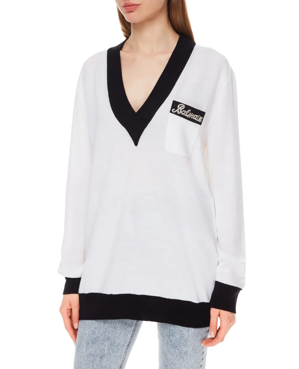 Шерстяной пуловер Balmain VF13005K241, белый цвет • Купить в интернет-магазине Kameron