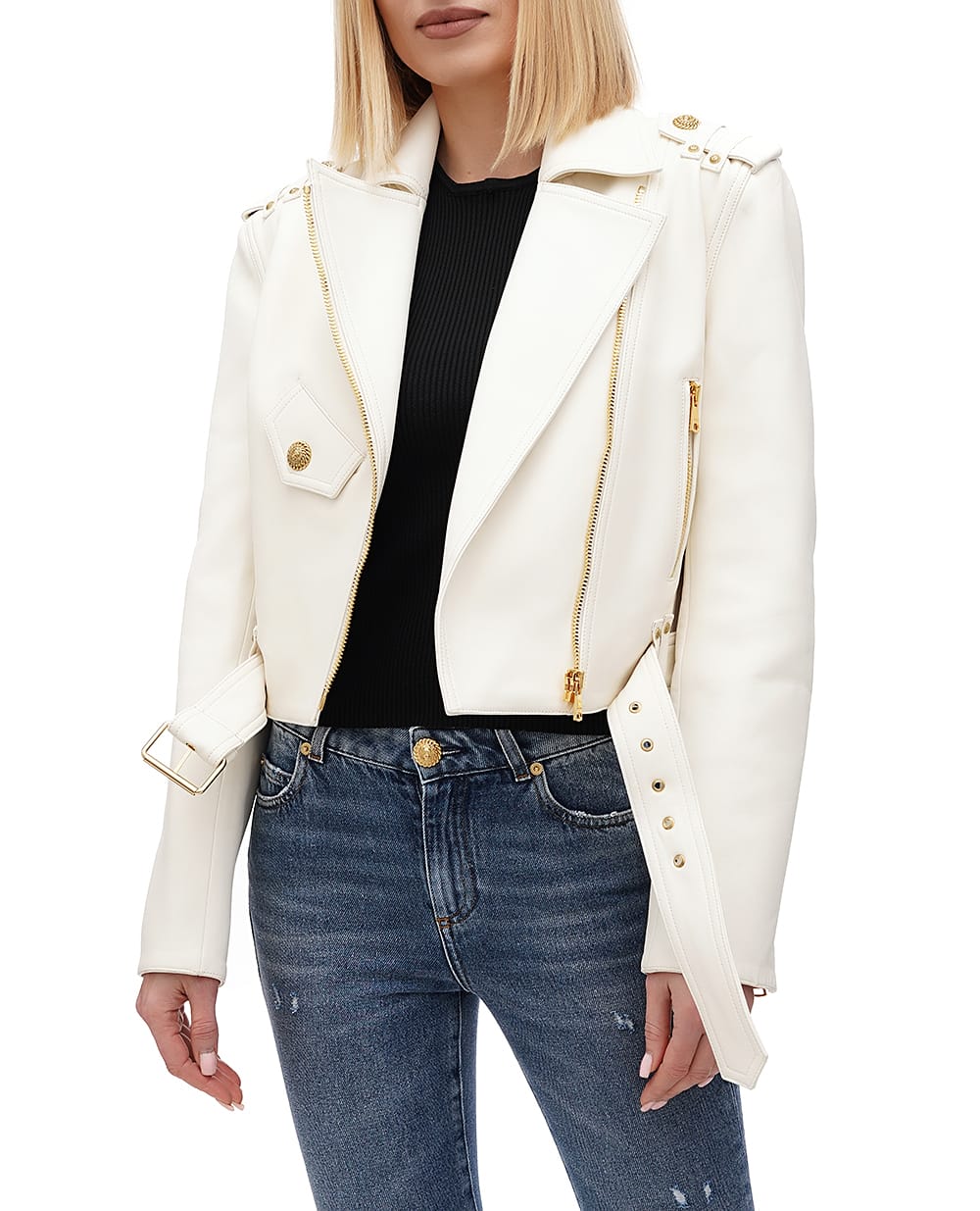 Кожаная косуха Balmain CF1TD205LC62, белый цвет • Купить в интернет-магазине Kameron