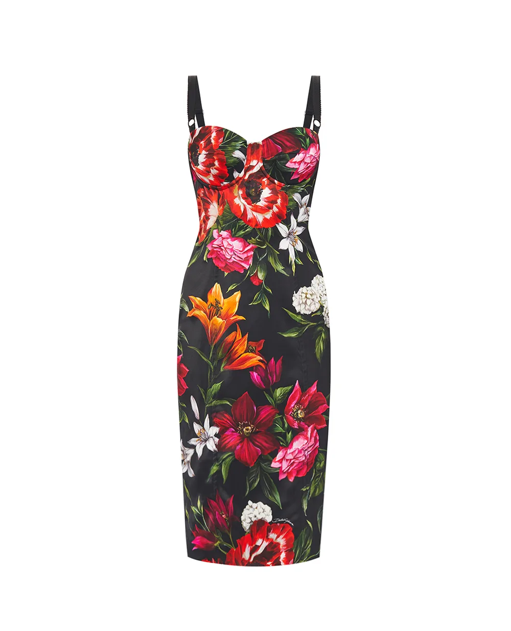 Платье из атласа с цветочным принтом Dolce&Gabbana F6TZYT-FSIB2, черный цвет • Купить в интернет-магазине Kameron