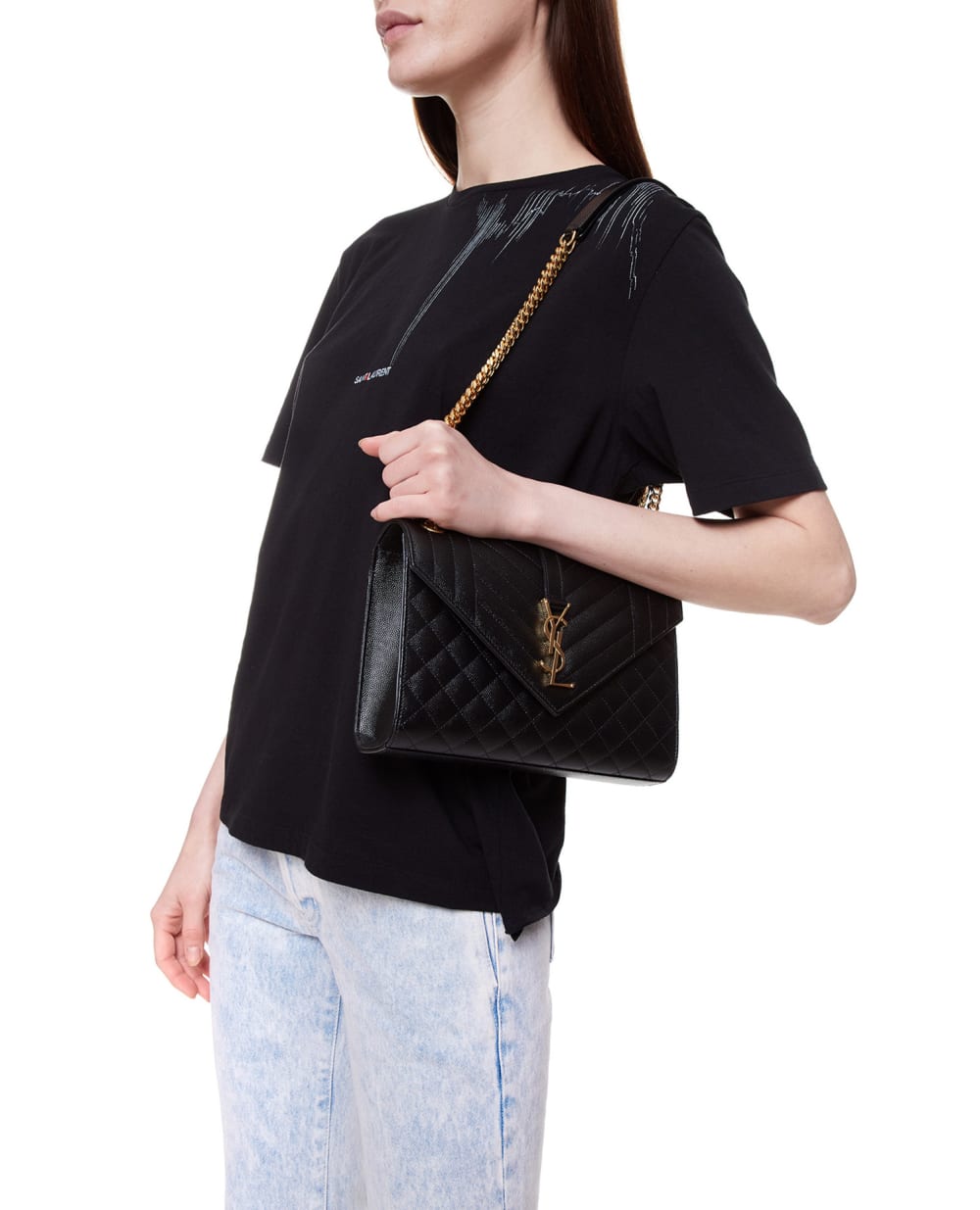 Кожаная сумка Envelope Medium Saint Laurent 600185-BOW91-, черный цвет • Купить в интернет-магазине Kameron