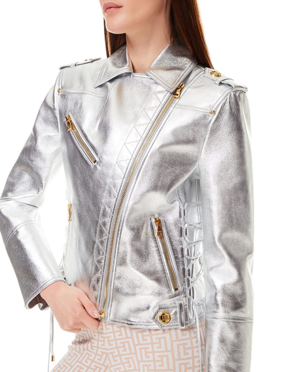 Кожаная косуха Balmain WF0TD036L181, серебряный цвет • Купить в интернет-магазине Kameron