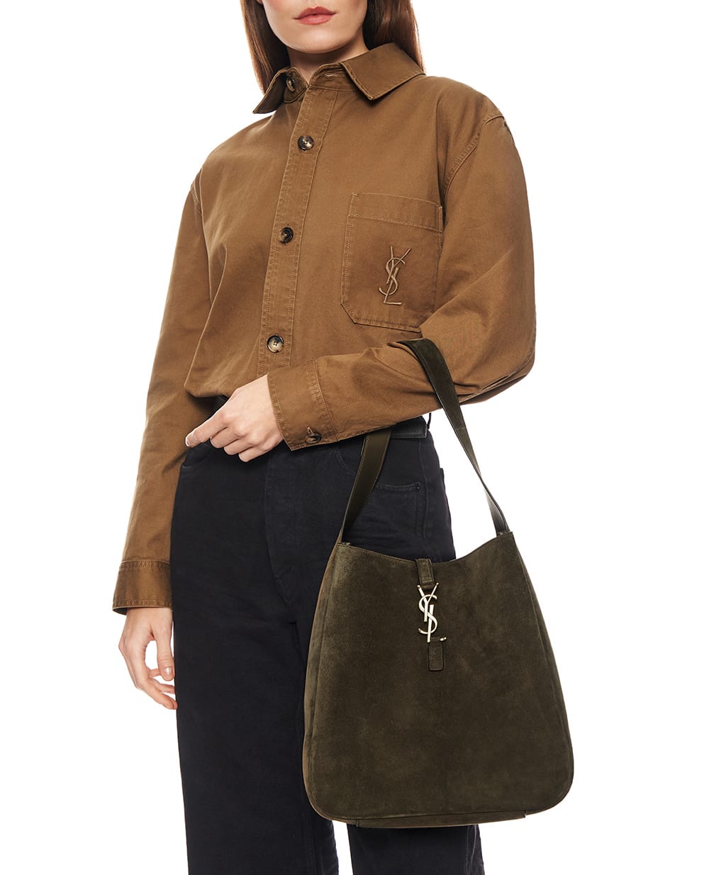 Cумка LE 5À7 Large из телячьей замши Saint Laurent 850545-1U80W, оливковый цвет • Купить в интернет-магазине Kameron