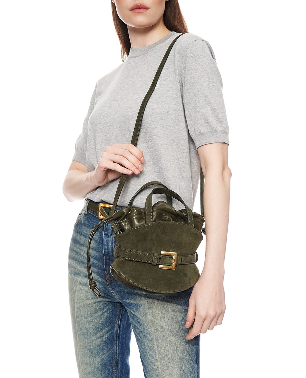 Сумка Shuffle из телячьей замши Balmain GN0DP017LSDD, хаки цвет • Купить в интернет-магазине Kameron