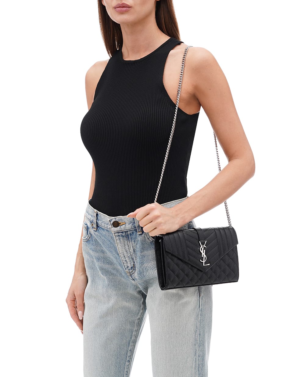 Кожаная сумка Envelope Chain Wallet Saint Laurent 620280-BOW92, черный цвет • Купить в интернет-магазине Kameron