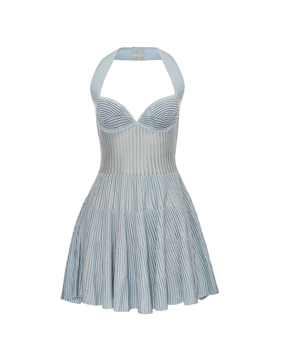 Платье А-силуэта из фактурного трикотажа Balmain FF1R5383KI83, голубой цвет • Купить в интернет-магазине Kameron