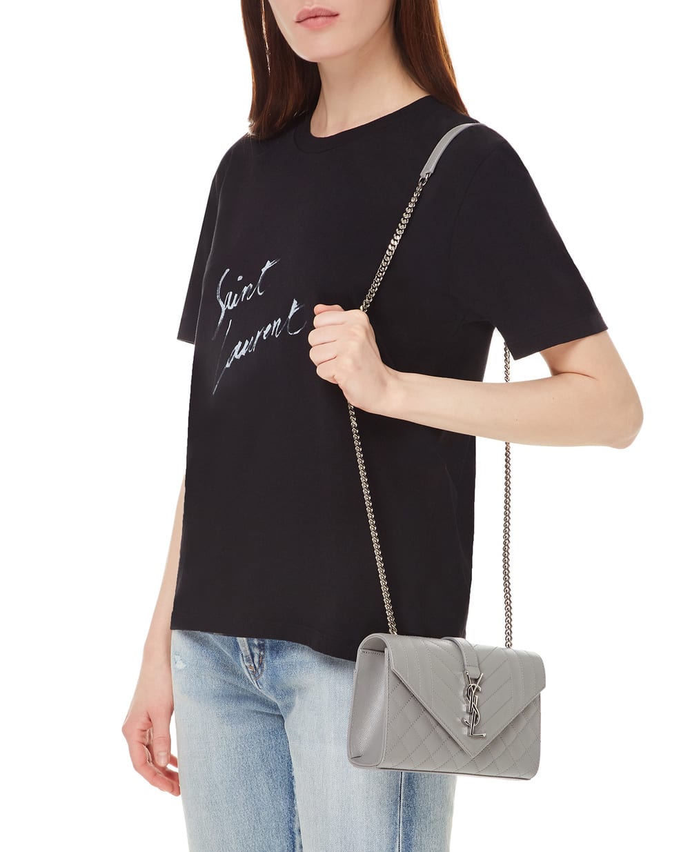 Кожаная сумка Envelope Small Saint Laurent 600195-BOW92, серый цвет • Купить в интернет-магазине Kameron