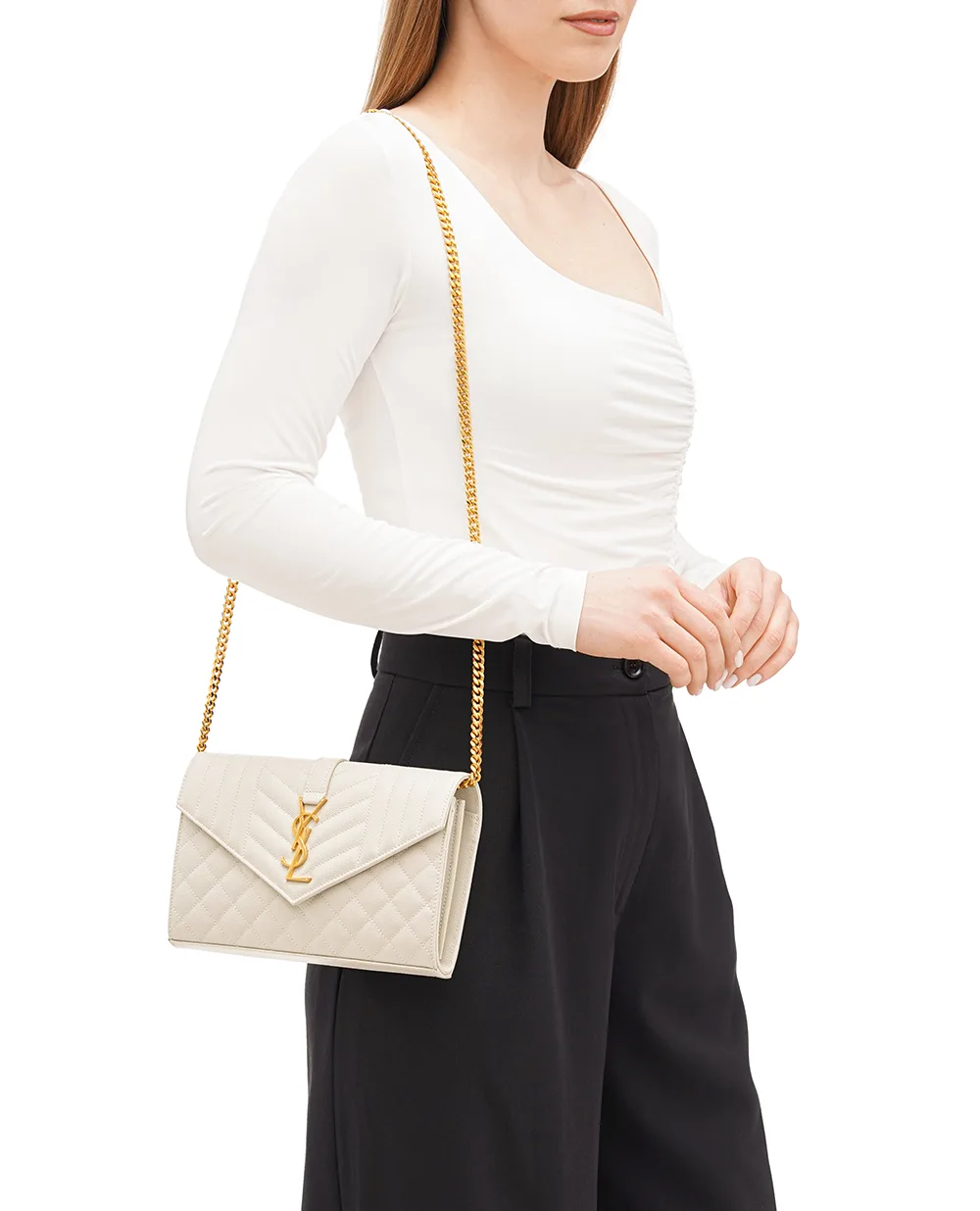 Кожаная сумка Envelope Chain Wallet Saint Laurent 620280-BOW91, белый цвет • Купить в интернет-магазине Kameron