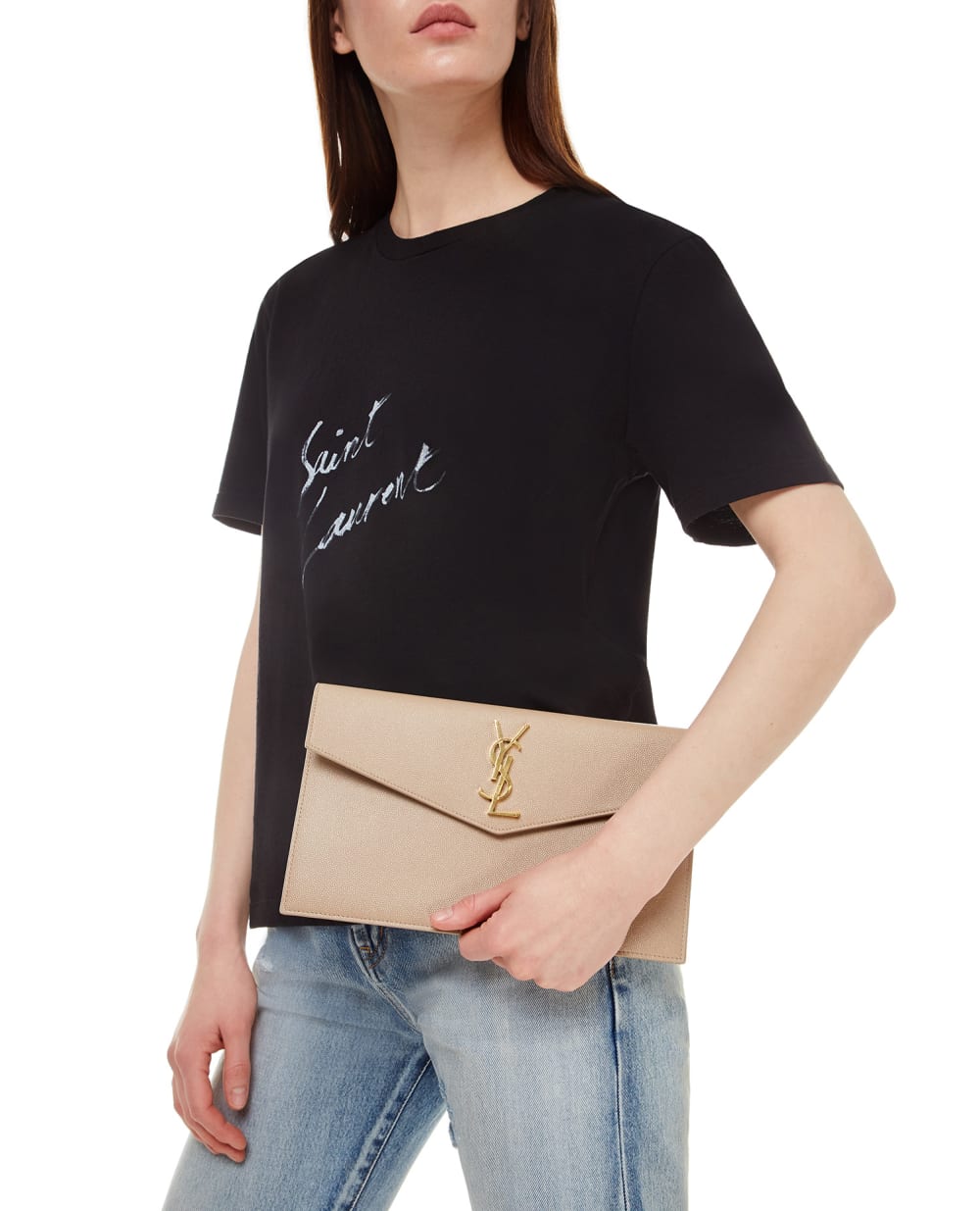 Кожаный клатч Uptown Saint Laurent 565739-1GF0J, бежевый цвет • Купить в интернет-магазине Kameron