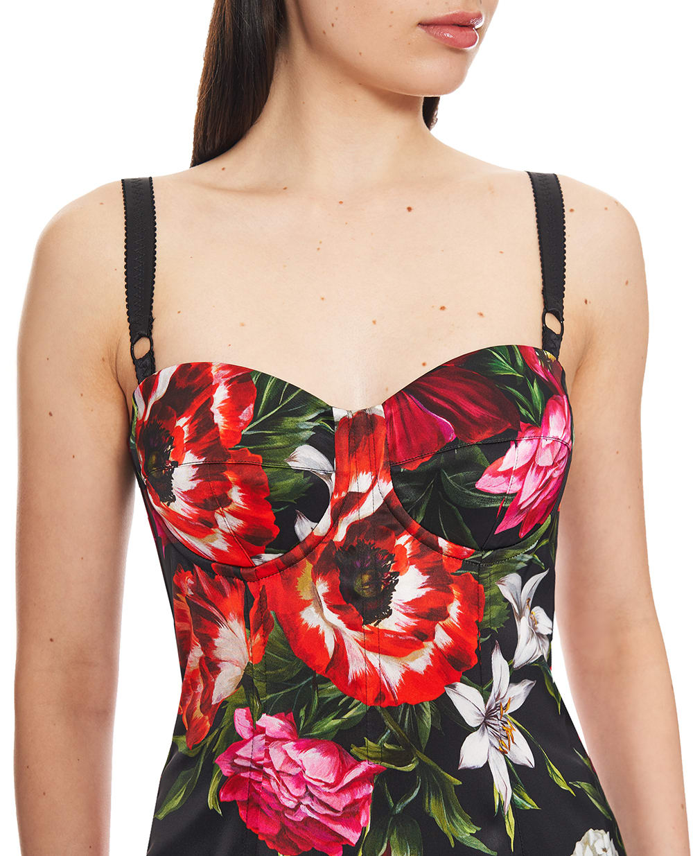 Платье из атласа с цветочным принтом Dolce&Gabbana F6TZYT-FSIB2, черный цвет • Купить в интернет-магазине Kameron