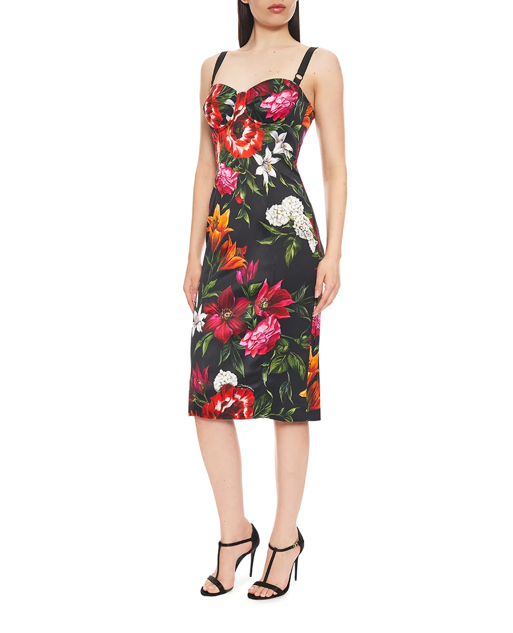 Платье из атласа с цветочным принтом Dolce&Gabbana F6TZYT-FSIB2, черный цвет • Купить в интернет-магазине Kameron