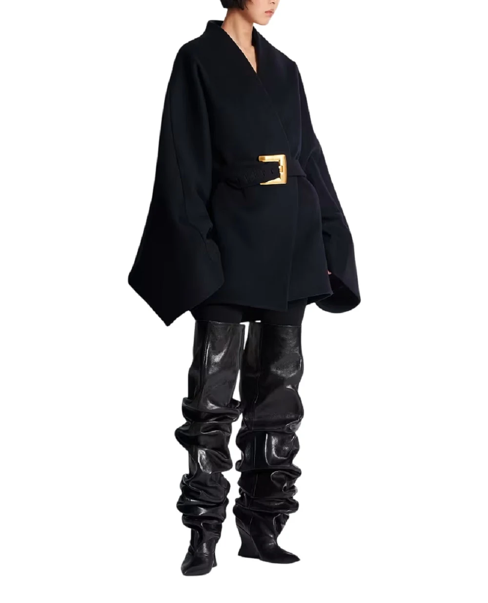 Пальто-халат из шерсти Balmain FF0UD265WD28, черный цвет • Купить в интернет-магазине Kameron