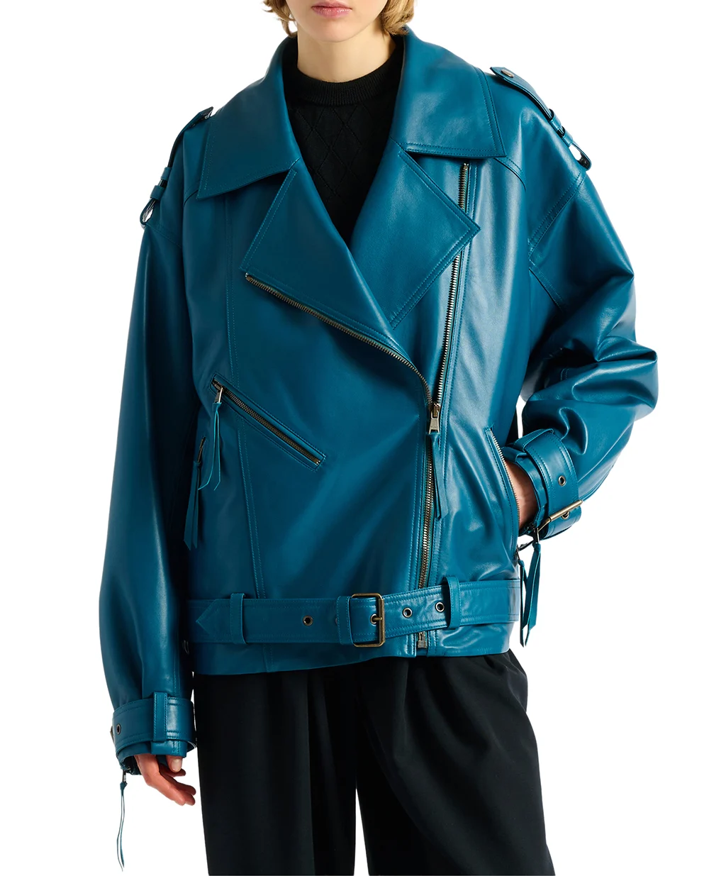 Байкерская куртка из овечьей кожи Balmain HF1TD225LE35, бирюзовый цвет • Купить в интернет-магазине Kameron