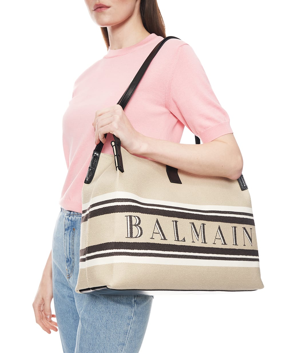 Сумка-шоппер Medium Release из холста и телячьей кожи Balmain GN1FF034TJBR, бежевый цвет • Купить в интернет-магазине Kameron