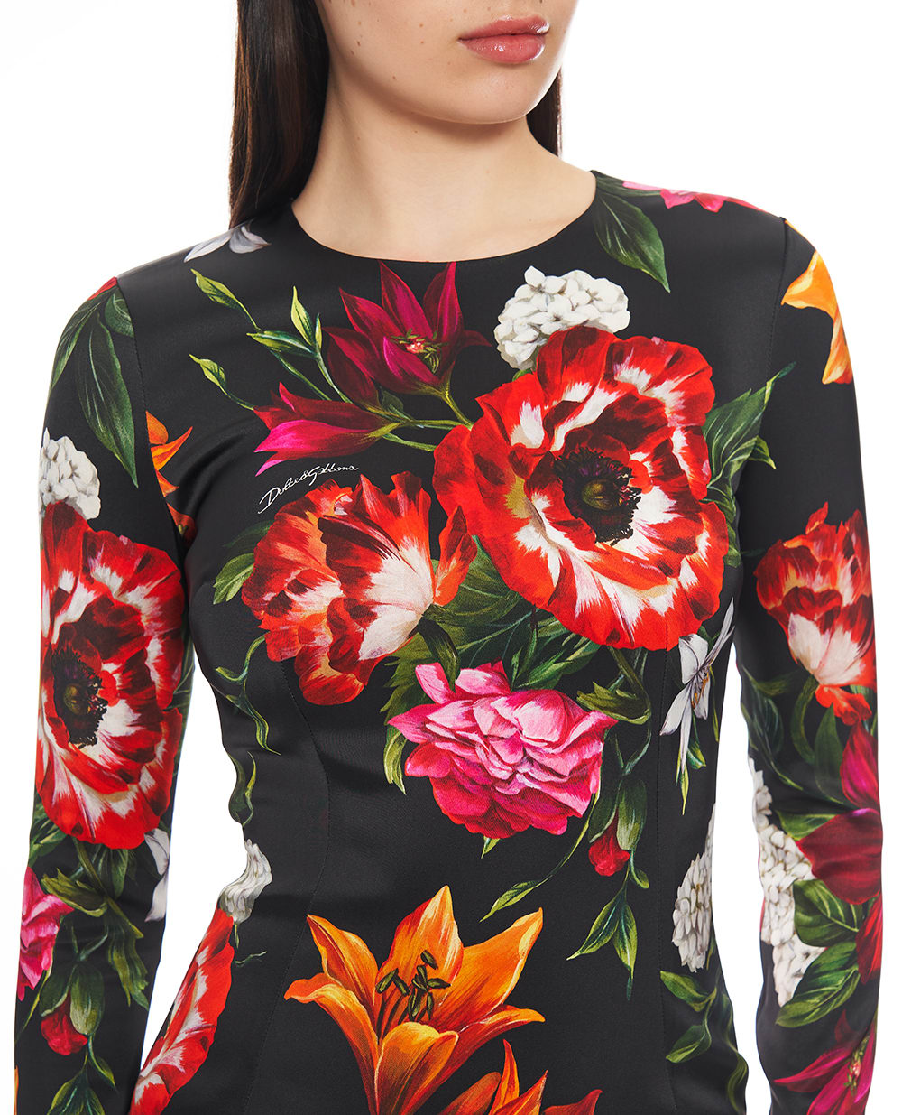 Сукня з атласу з квітковим принтом Dolce&Gabbana F6GAVT-FSIB2, чорний колір • Купити в інтернет-магазині Kameron