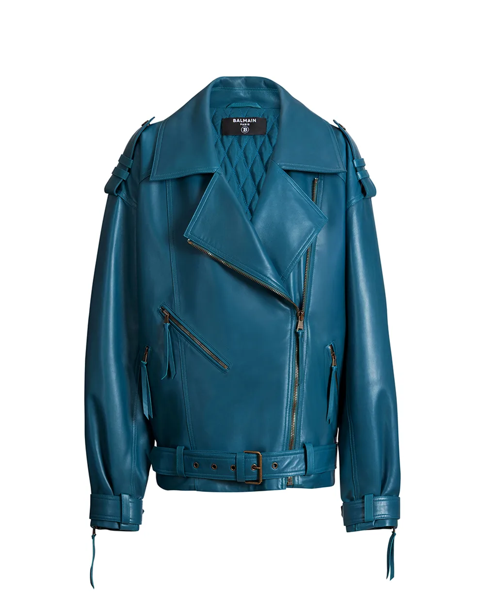 Байкерская куртка из овечьей кожи Balmain HF1TD225LE35, бирюзовый цвет • Купить в интернет-магазине Kameron