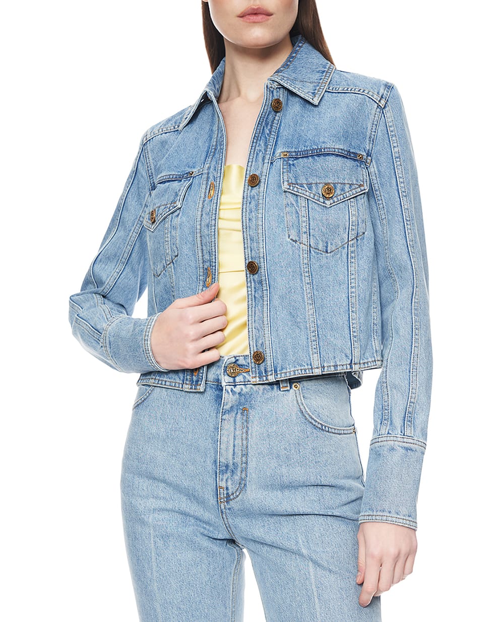 Куртка джинсовая укороченная Balmain GF1TC215DG11, голубой цвет • Купить в интернет-магазине Kameron
