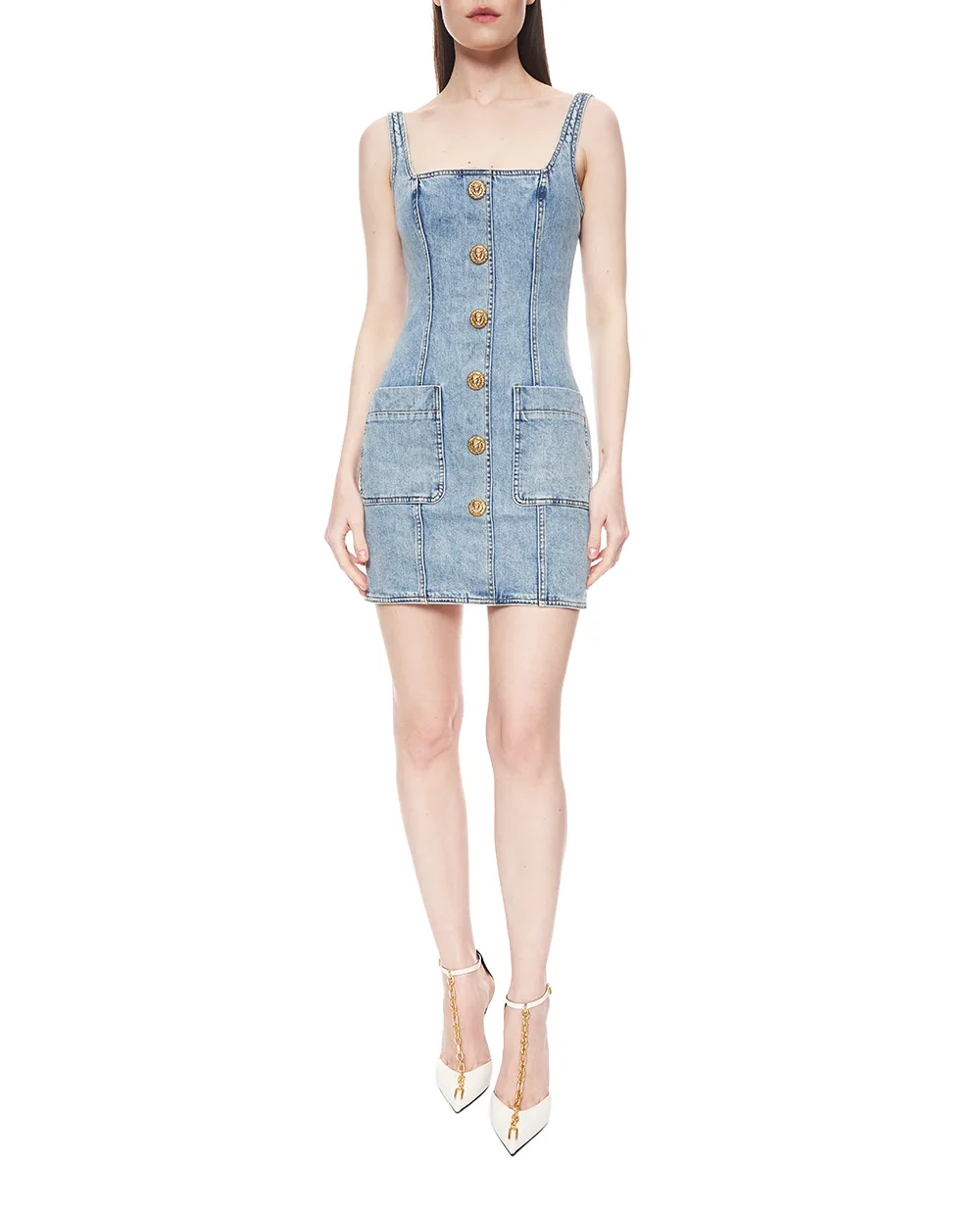 Платье мини джинсовое Balmain GF1R2531DG11, голубой цвет • Купить в интернет-магазине Kameron
