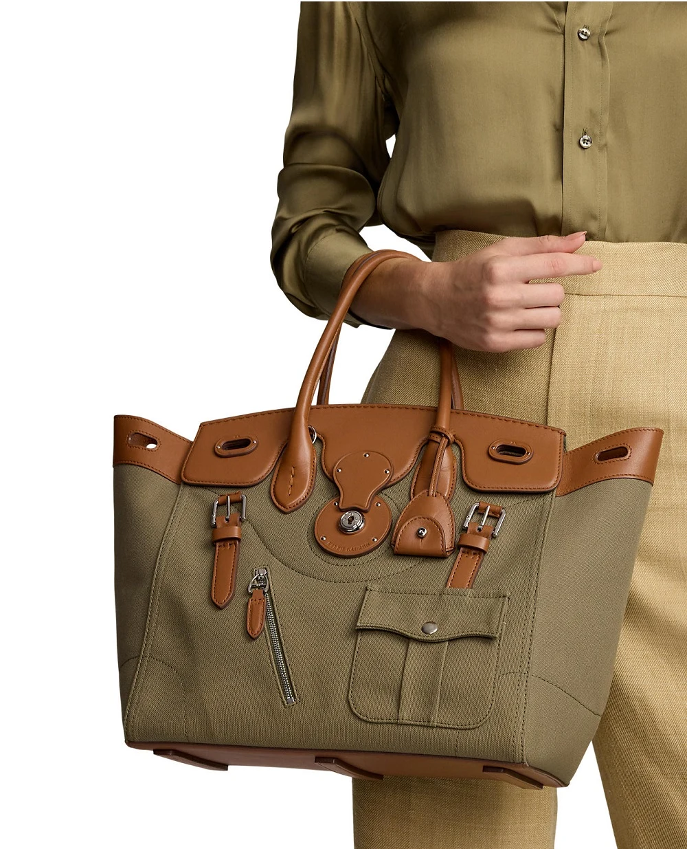 Сумка из холста и кожи Soft Ricky 33 Ralph Lauren Collection 435968260001, оливковый цвет • Купить в интернет-магазине Kameron