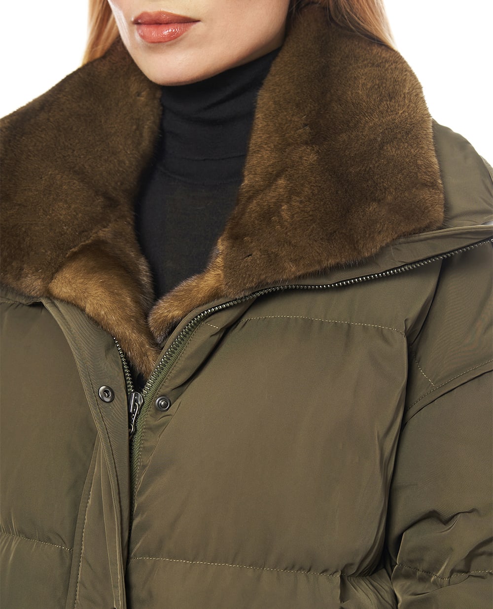 Пуховик удлинённый с мехом норки Yves Salomon 26WFM05080A22X, зеленый цвет • Купить в интернет-магазине Kameron