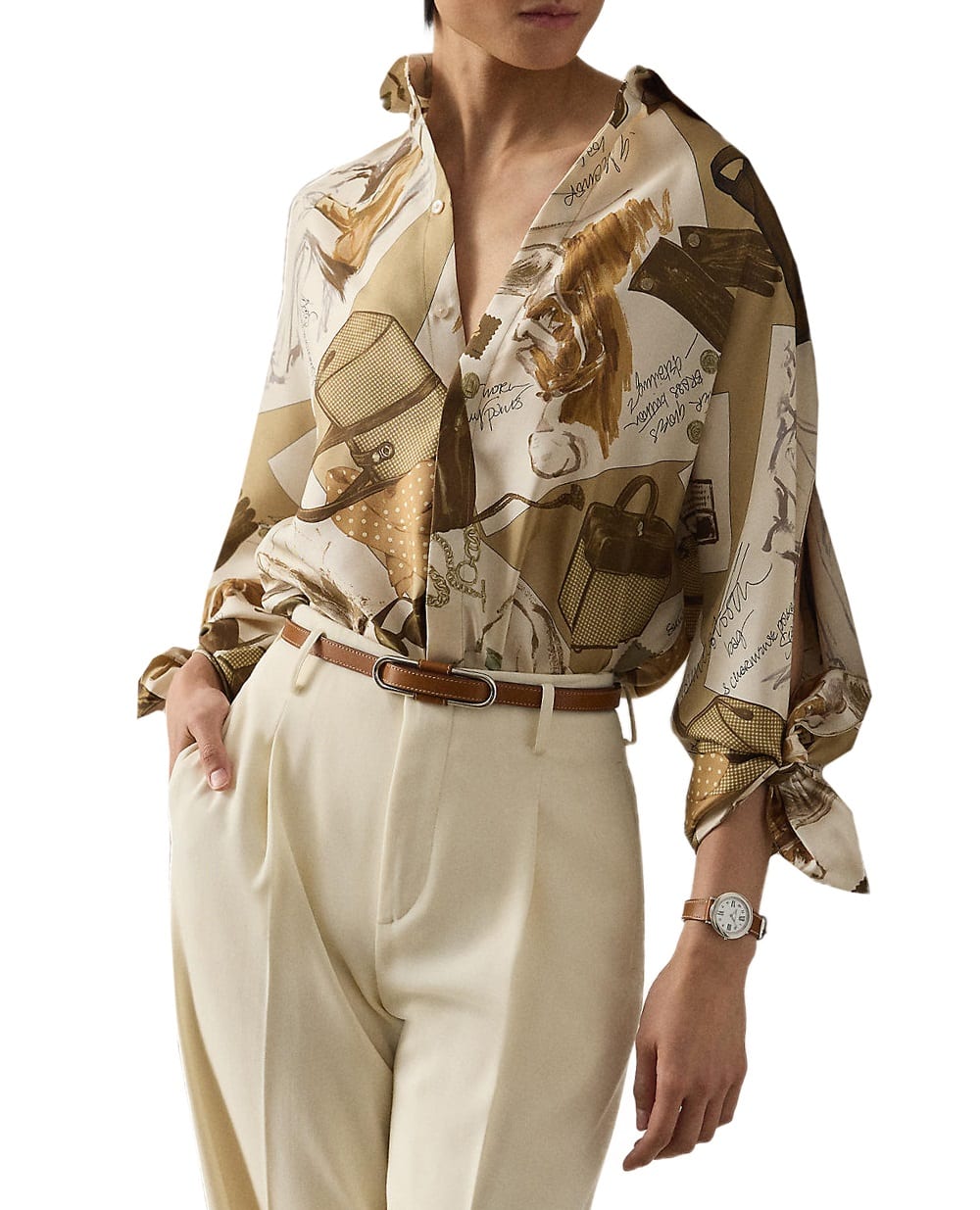 Блузка из шелка с принтом Karen Diary Ralph Lauren Collection 290P00352001, бежевый цвет • Купить в интернет-магазине Kameron