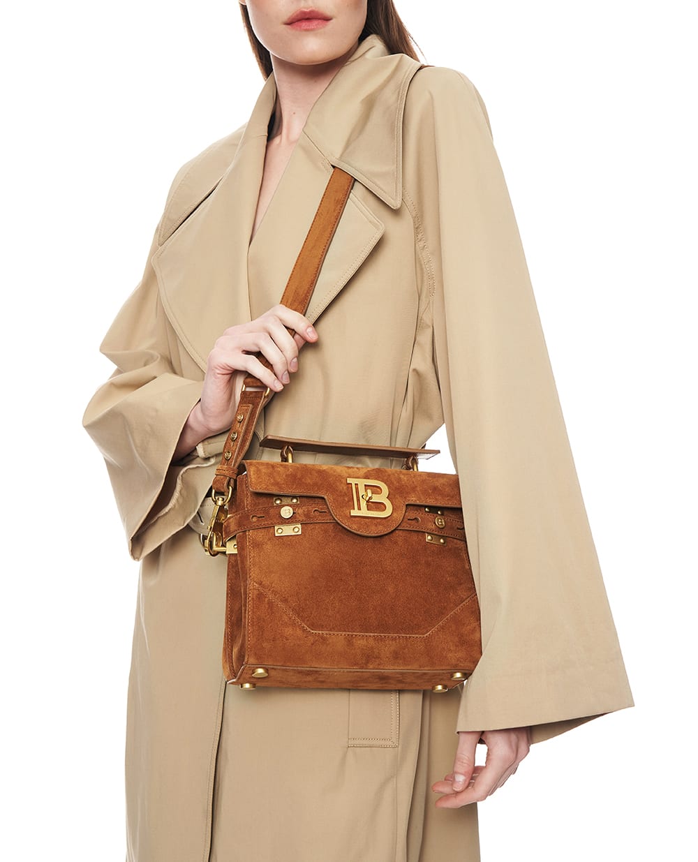 Сумка B-Buzz 23 из телячьей замши Balmain GN1DB526LSDL, коричневый цвет • Купить в интернет-магазине Kameron