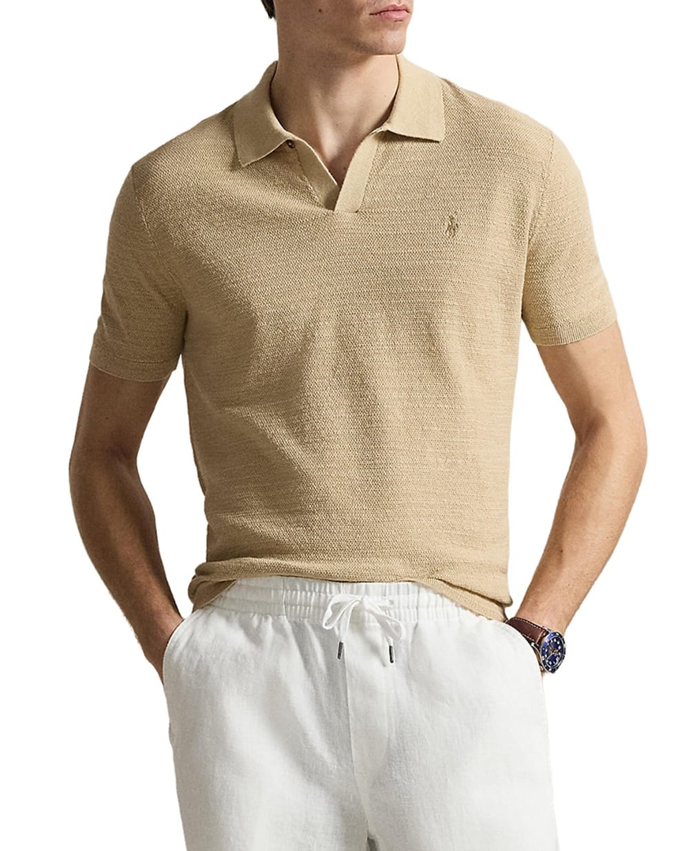 Поло з бавовни та льону Polo Ralph Lauren 710B13891003, бежевий колір • Купити в інтернет-магазині Kameron