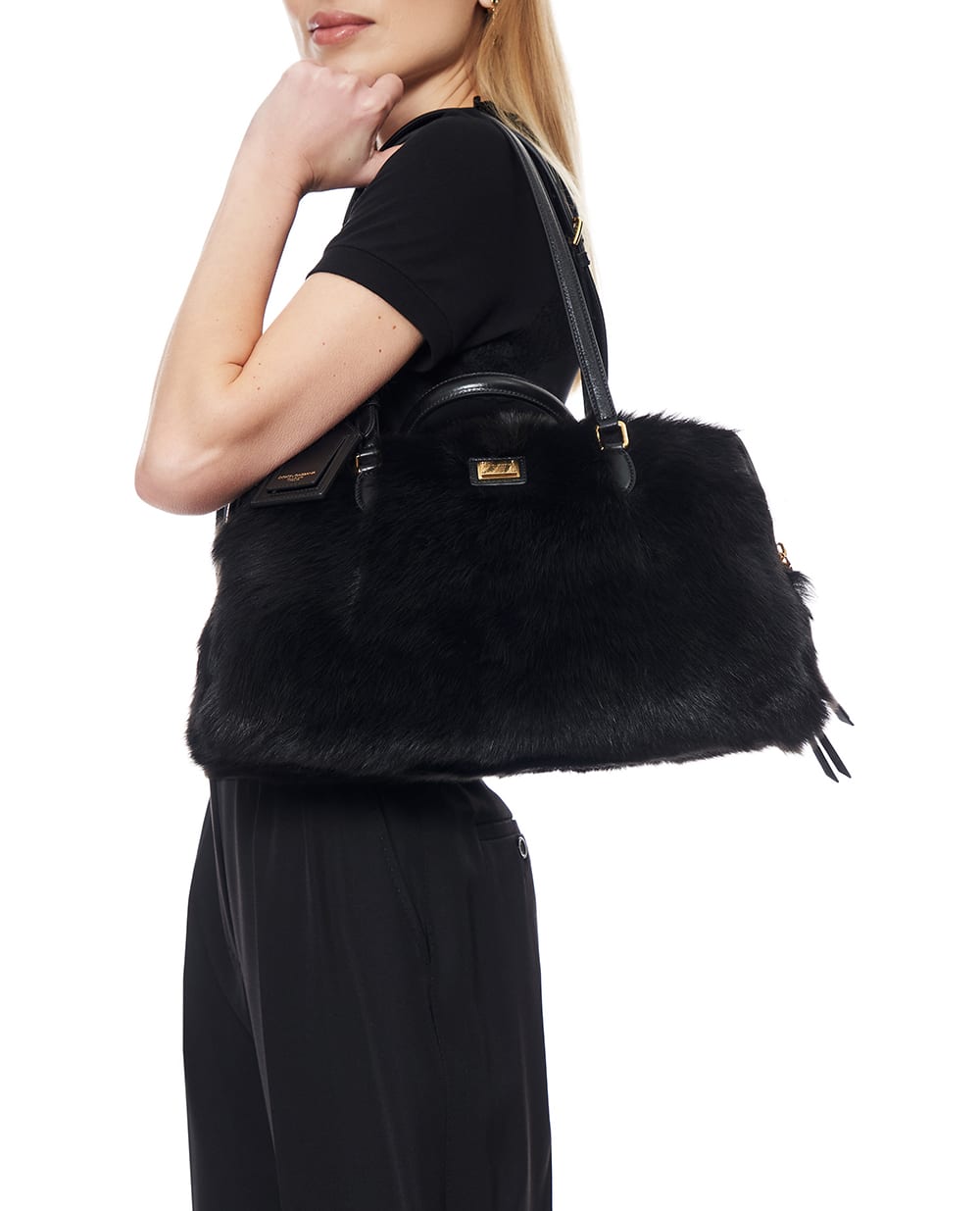 Сумка-тоут Vittoria из телячьей кожи и меха овчины Dolce&Gabbana BB7844-AX911, черный цвет • Купить в интернет-магазине Kameron
