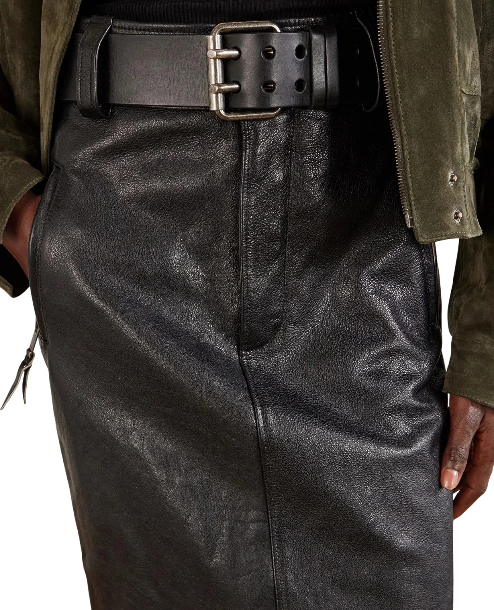 Спідниця-олівець з поясом із телячої шкіри Saint Laurent 865021-YCVD2, чорний колір • Купити в інтернет-магазині Kameron