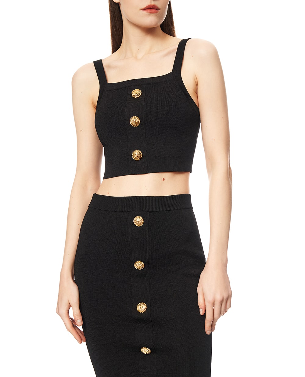 Вязаный топ-бралетт с пуговицами Balmain GF1AA415KJ43, черный цвет • Купить в интернет-магазине Kameron