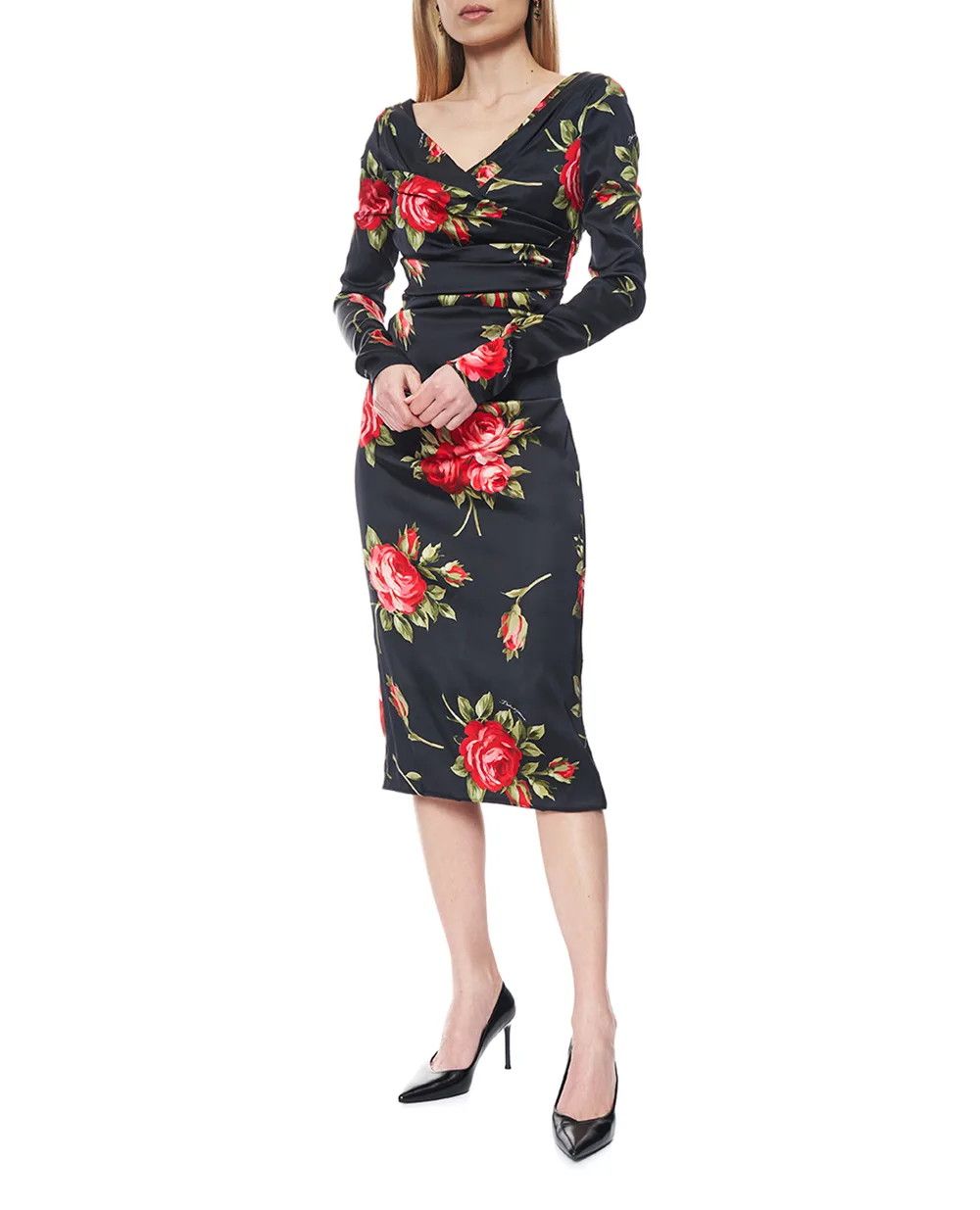 Платье из атласа с цветочным принтом Dolce&Gabbana F60DHT-FSICD, черный цвет • Купить в интернет-магазине Kameron