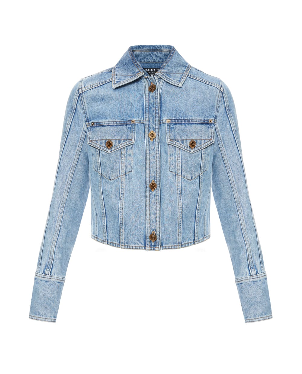 Куртка джинсовая укороченная Balmain GF1TC215DG11, голубой цвет • Купить в интернет-магазине Kameron
