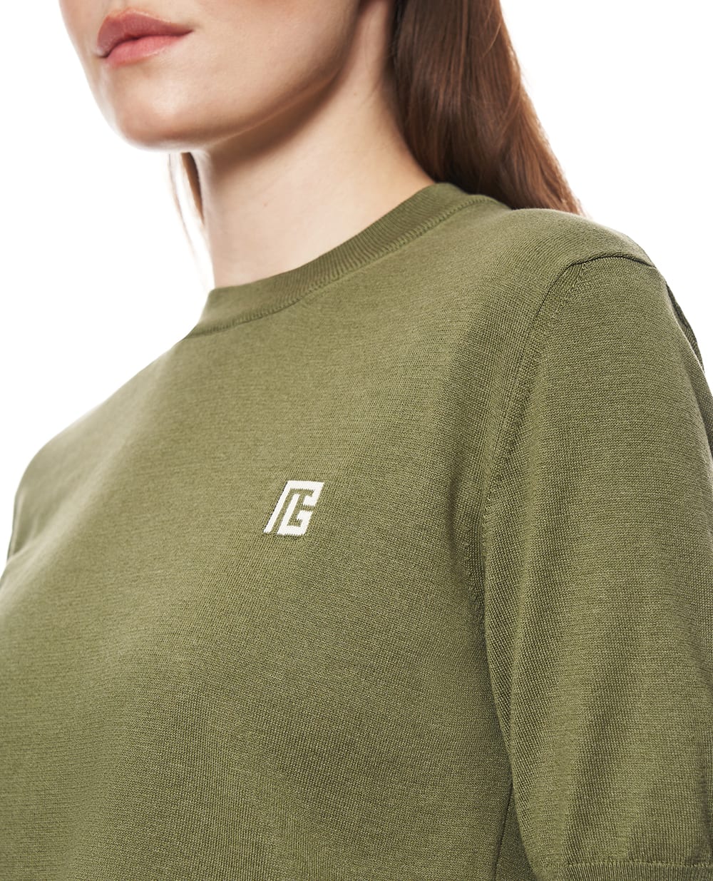 Футболка из шелка и хлопка Balmain GF0ALB30KJ53, хаки цвет • Купить в интернет-магазине Kameron