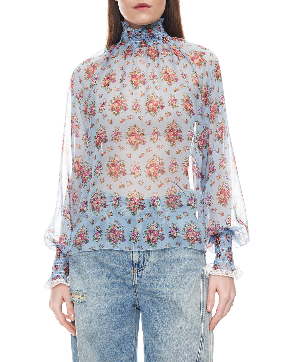 Блуза в цветочный принт с шелком Dolce&Gabbana F7BK3T-IS10F, голубой цвет • Купить в интернет-магазине Kameron