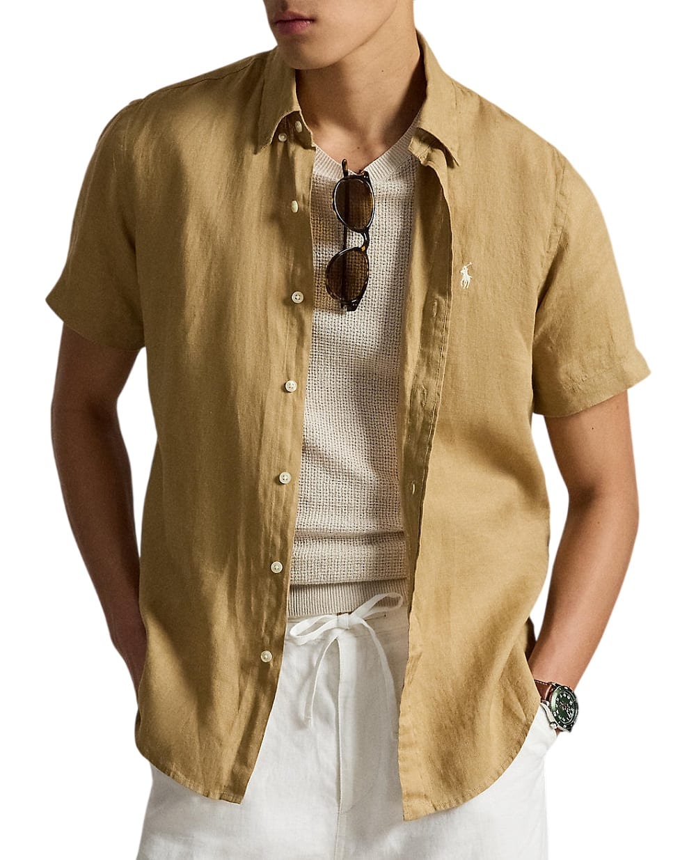 Сорочка з коротким рукавом з льону Polo Ralph Lauren 710968912502, світло-коричневий колір • Купити в інтернет-магазині Kameron
