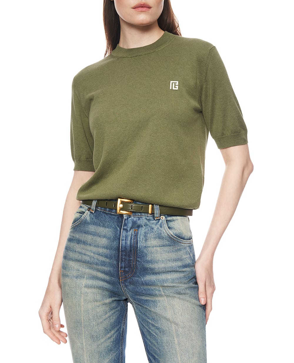 Футболка из шелка и хлопка Balmain GF0ALB30KJ53, хаки цвет • Купить в интернет-магазине Kameron
