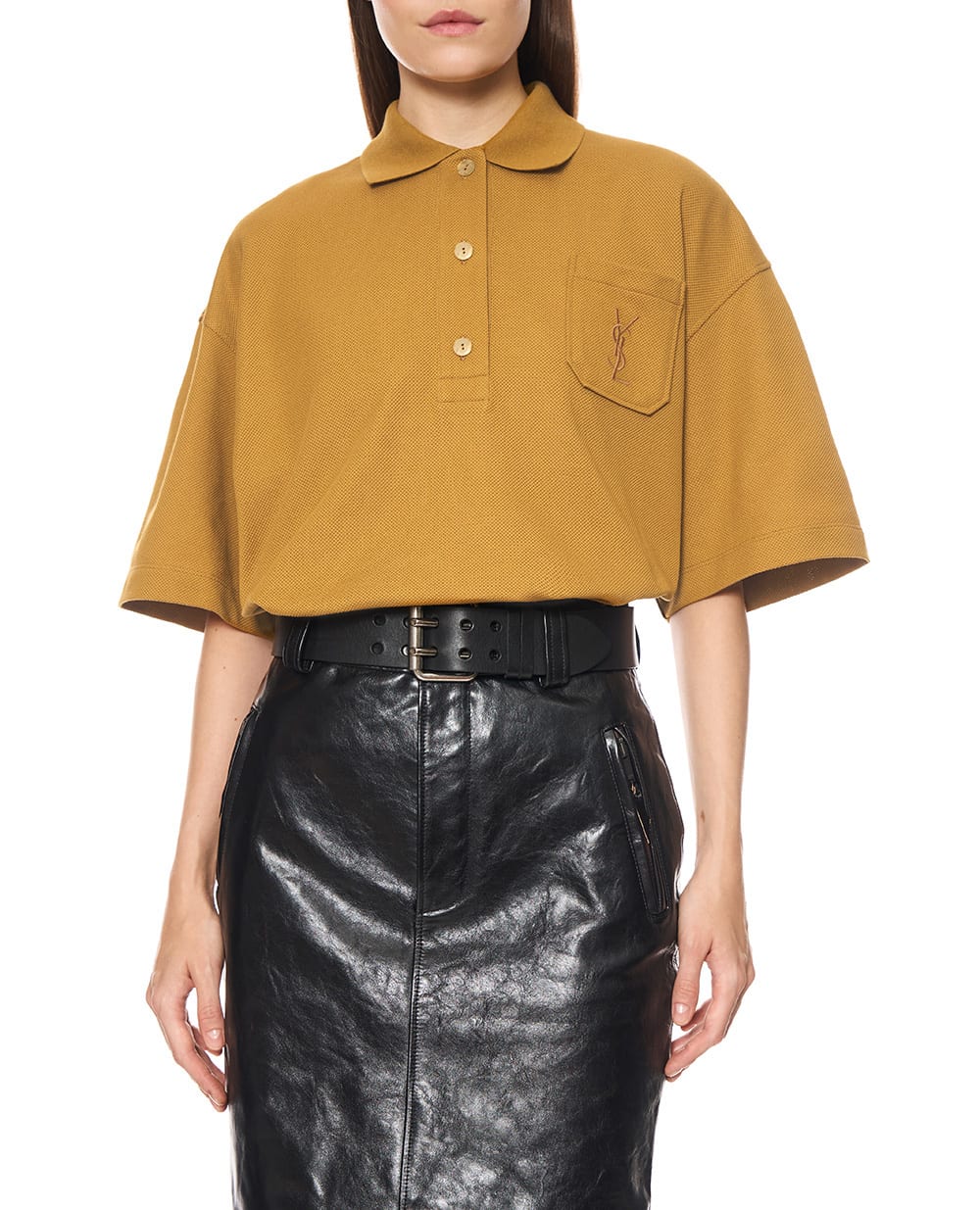 Поло с вышивкой CASSANDRE Saint Laurent 873300-Y38BN, горчичный цвет • Купить в интернет-магазине Kameron