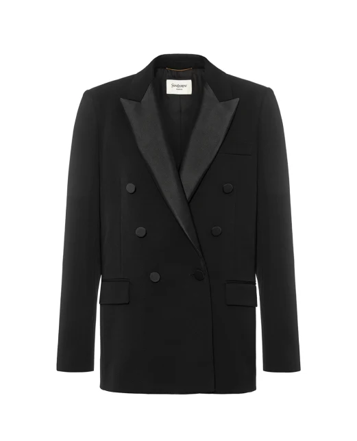 Saint Laurent Двубортный жакет с атласными лацканами - Артикул: 837658-Y7E63