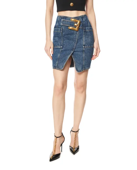 Balmain Короткая джинсовая юбка с поясом - Артикул: GF1LBB28DG08