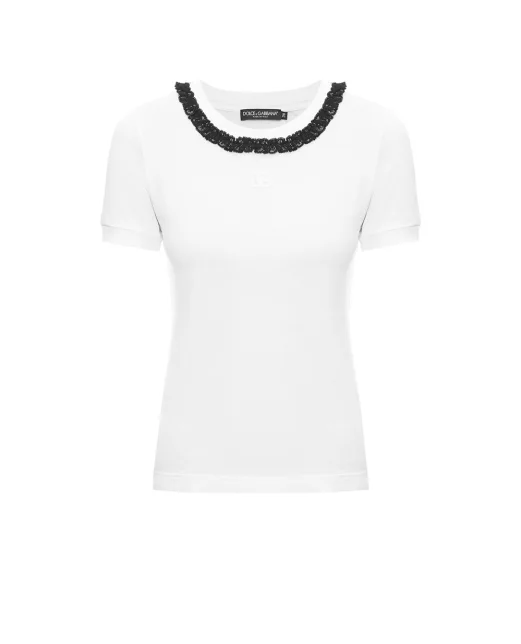 Dolce&Gabbana Футболка з мереживом та вишивкою DG - Артикул: F8U08Z-GDDPN